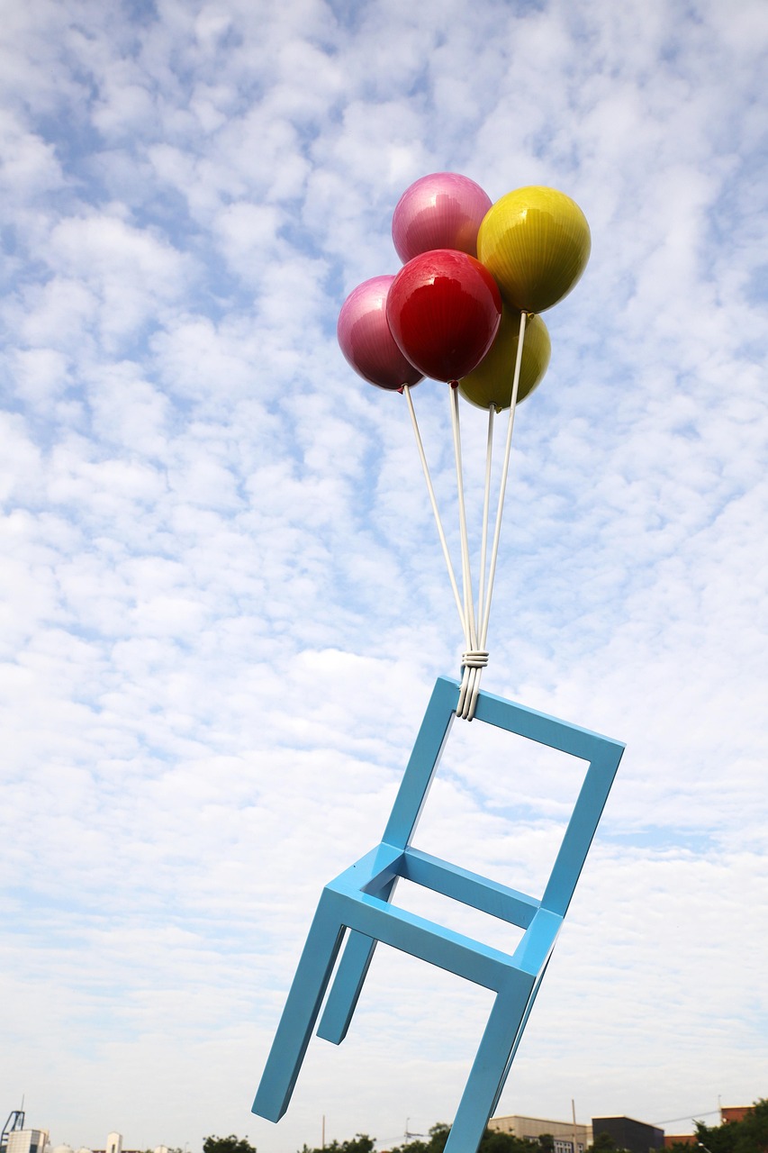sculpture, balloon, chair, blue sky, white clouds, landscape, hope, outdoor, freedom
